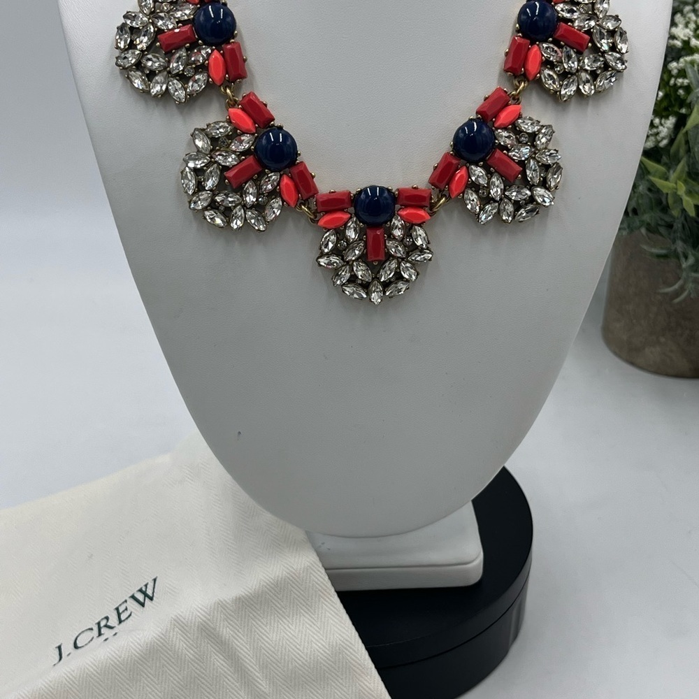 J. CREW Blue Orange Red Rhinestone Bib Statement NECKLACE Chain Adjustable‎